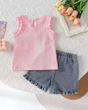 Girls 2-Piece 3D Bow Tank Top & Washed Denim Lace Shorts