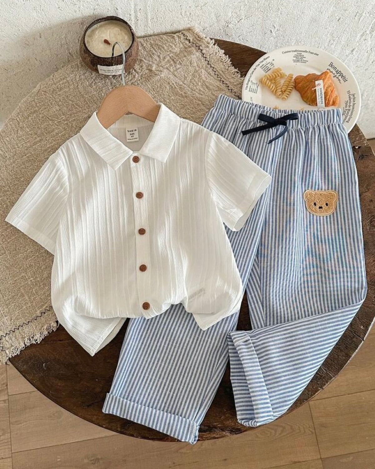 Kids 2pcs Young Boy Woven White Casual Shirt And Striped Casual Pants