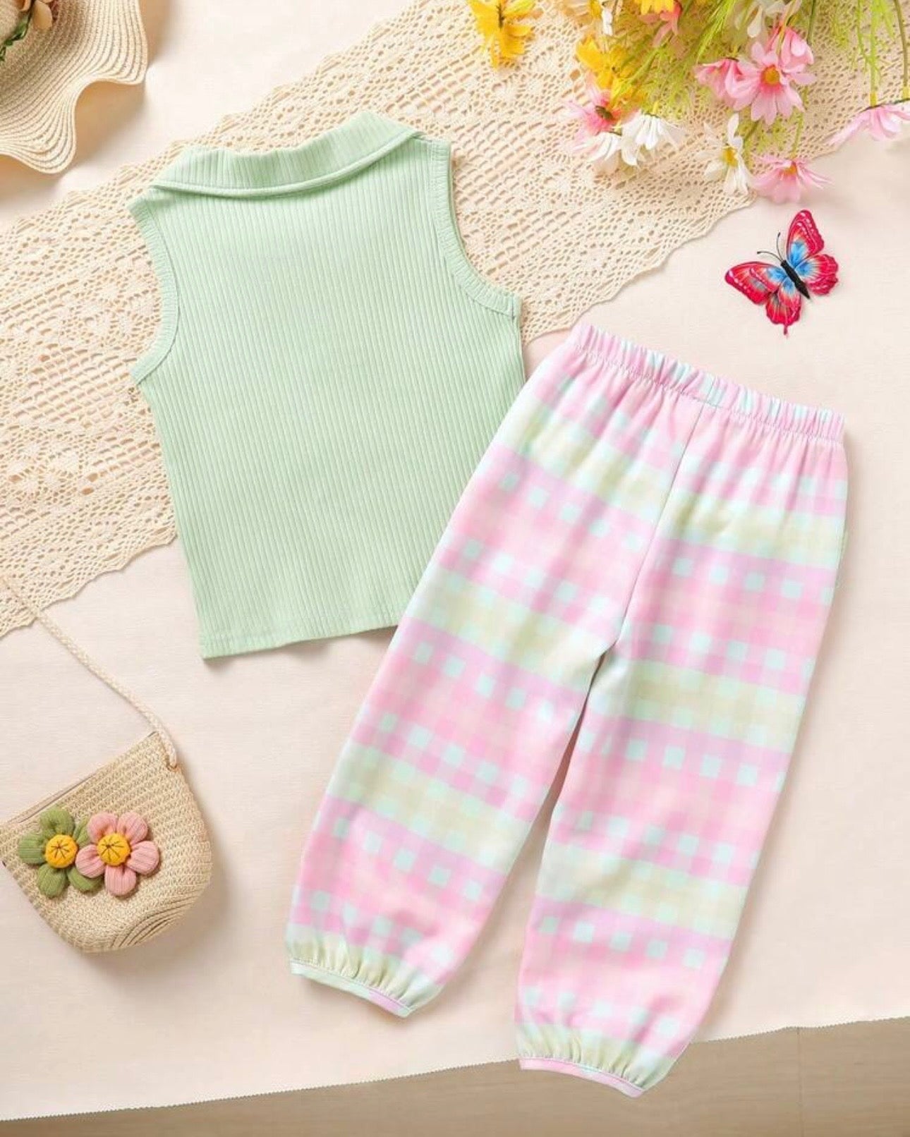2pcs Girls’ Green Knit Shirt & Ombre Plaid Pants