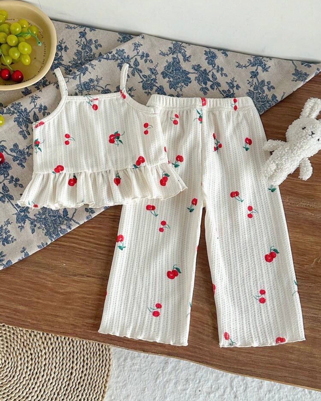 2Pcs Baby Girls Printed Embroidered Cherry Top & Pants Set – Summer Outfit