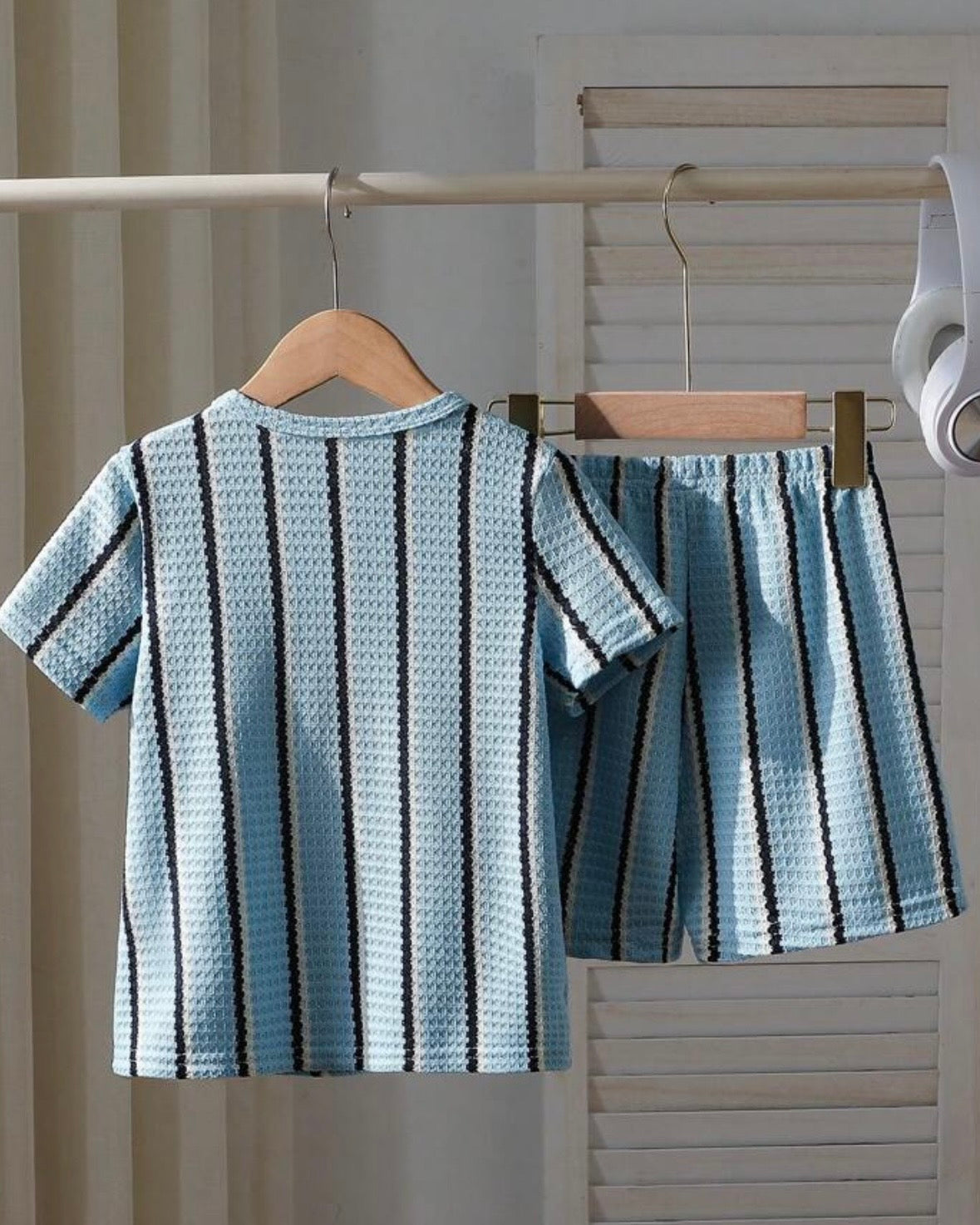 Boys Blue Waffle Stripe 2pcs Summer Set – T-Shirt & Shorts
