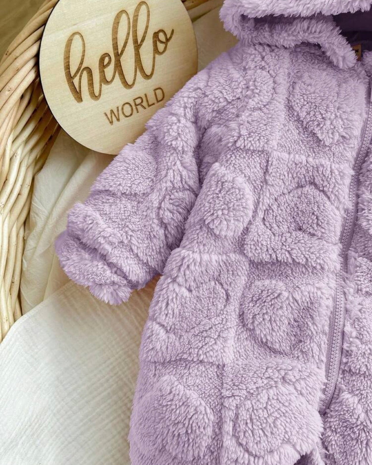 Baby Girl Winter 3D Purple Fluffy Heart Pattern Zipper Hooded Romper