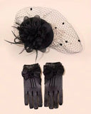 1 Set Black Children's Vintage Headpiece Hat And Mesh Gloves