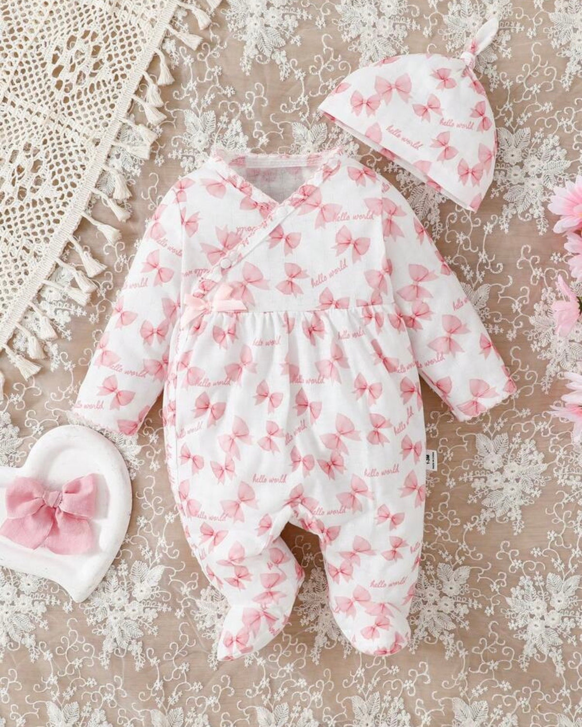 Newborn Baby Girl Pink Bow Print Ribbed Knit Footed Romper Set