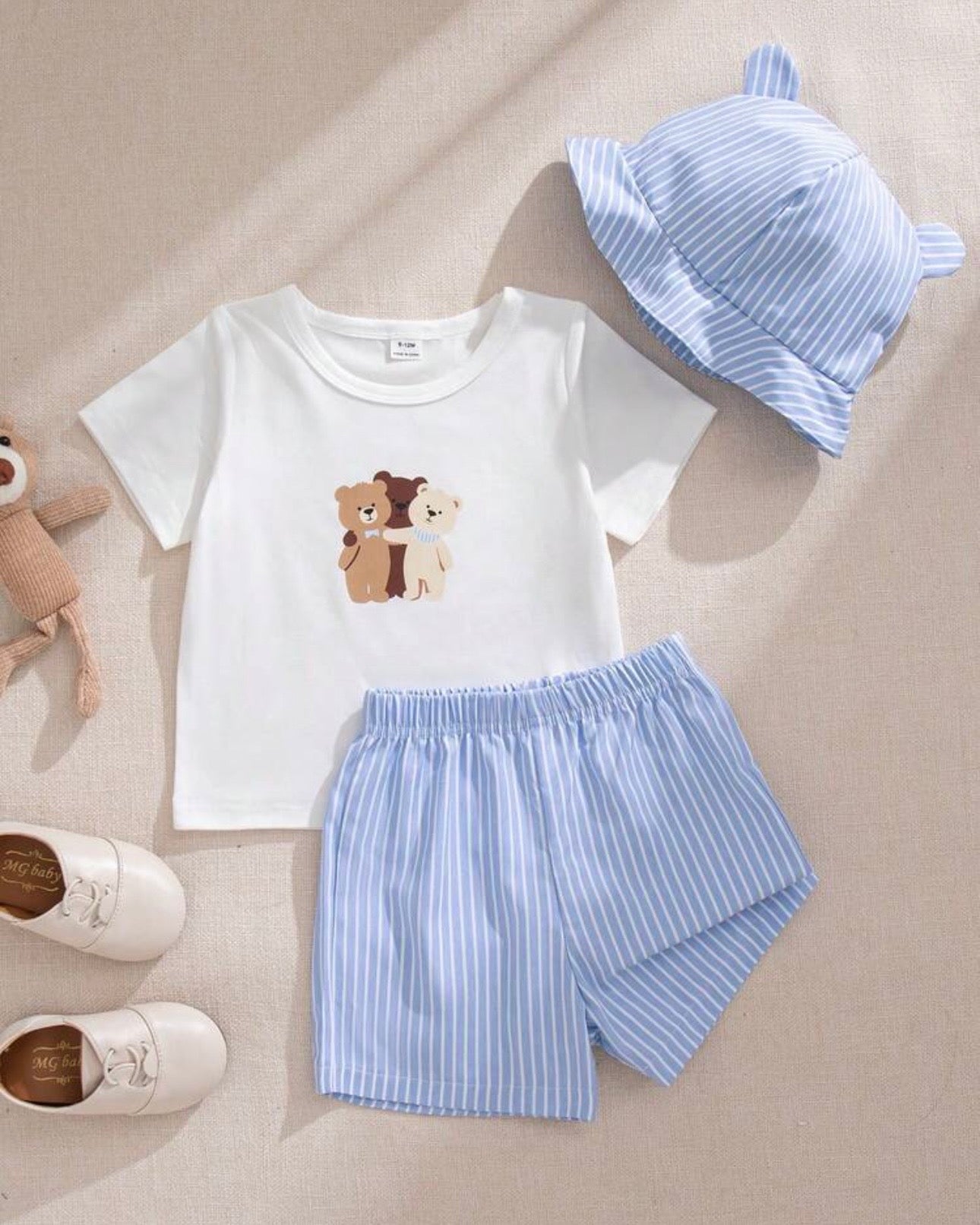 3pc Baby Boy Bear Print Outfit Set – T-Shirt, Shorts & Cap (Summer)