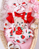 Baby Girls' Ruffle Sleeve Patchwork Cartoon Bear Bow Embroidered Dress + Headband