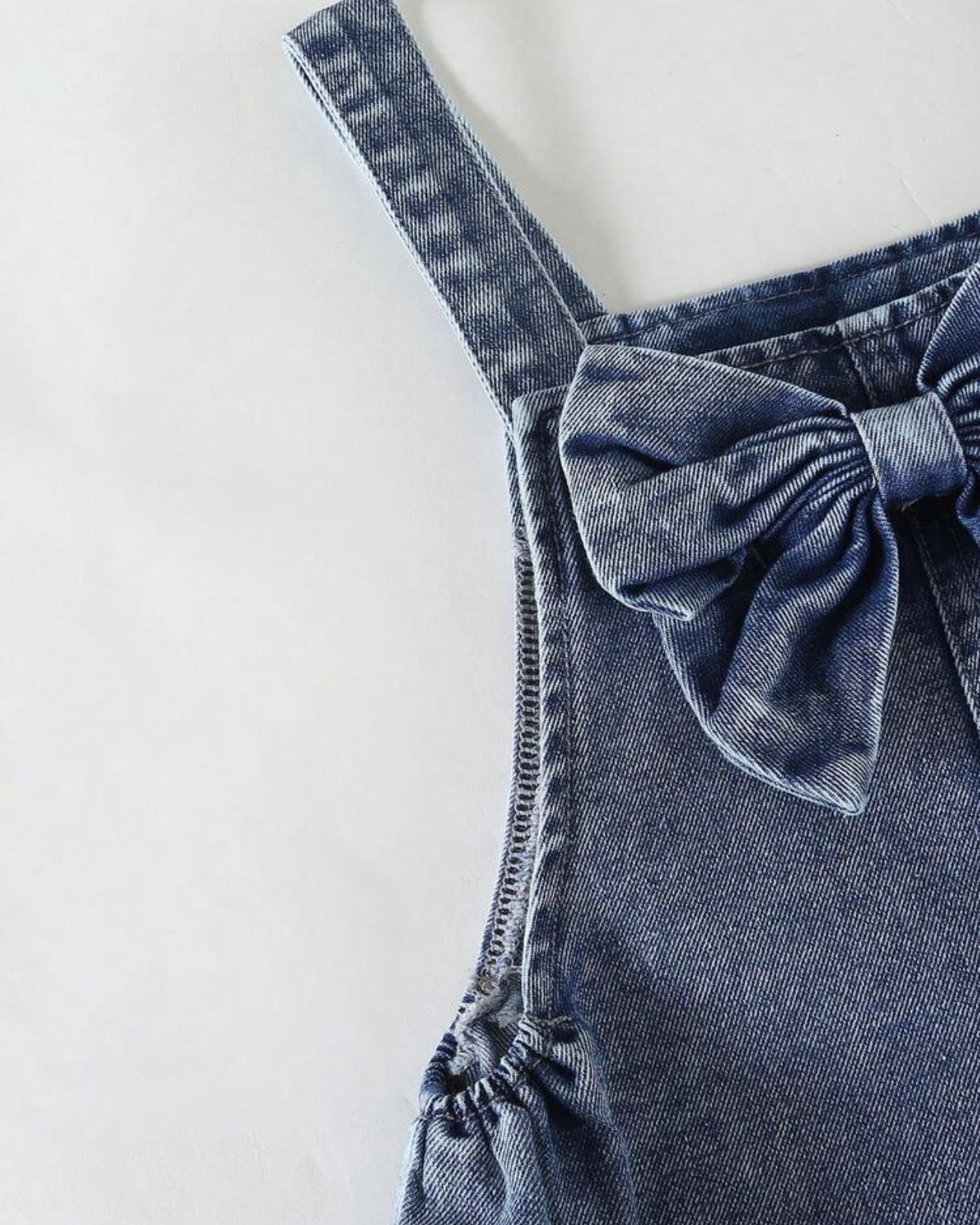 Girls Blue Denim Jumpsuit with Pink Hollow Heart Embroidery & Bow