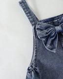 Girls Blue Denim Jumpsuit with Pink Hollow Heart Embroidery & Bow