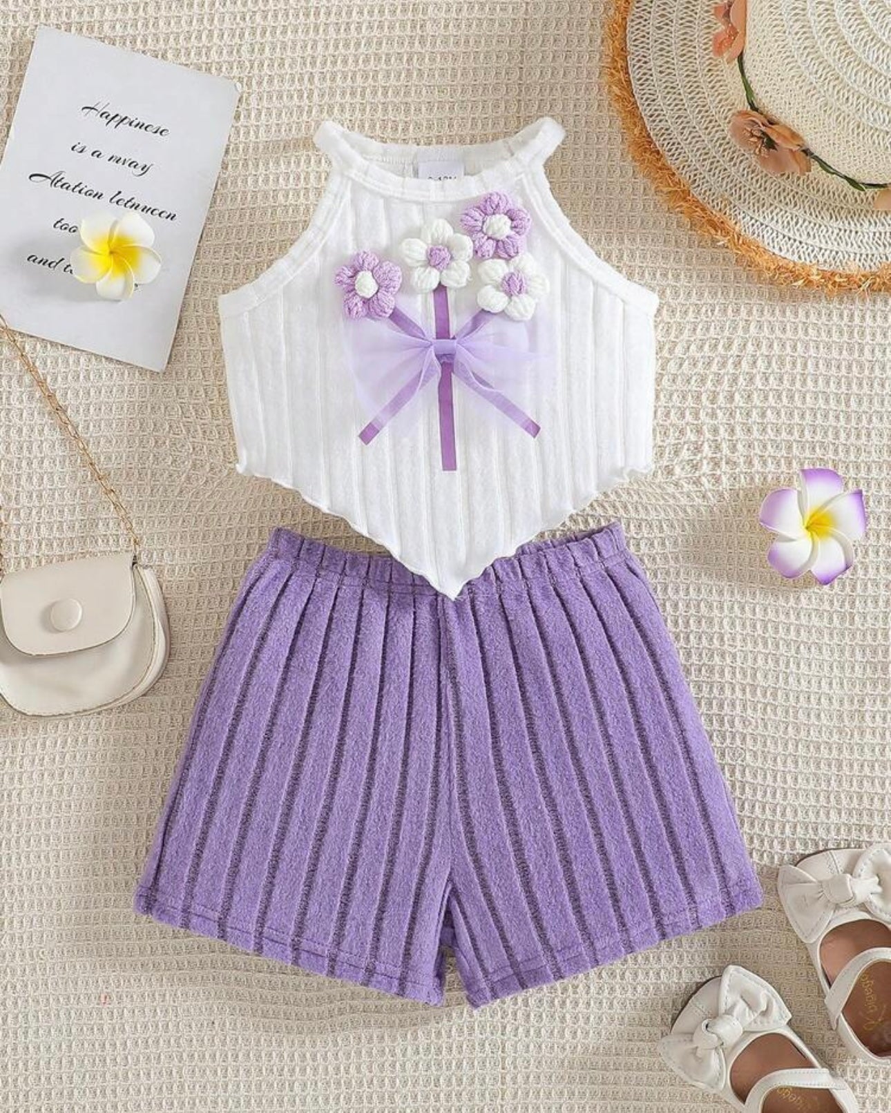 Lilac Crochet Flower Halter Top & Ribbed Shorts Set – 2PCS Summer Outfit