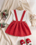 Toddler Girls Flutter Sleeve Top And Santa Claus Embroidery Overall Skirt Set