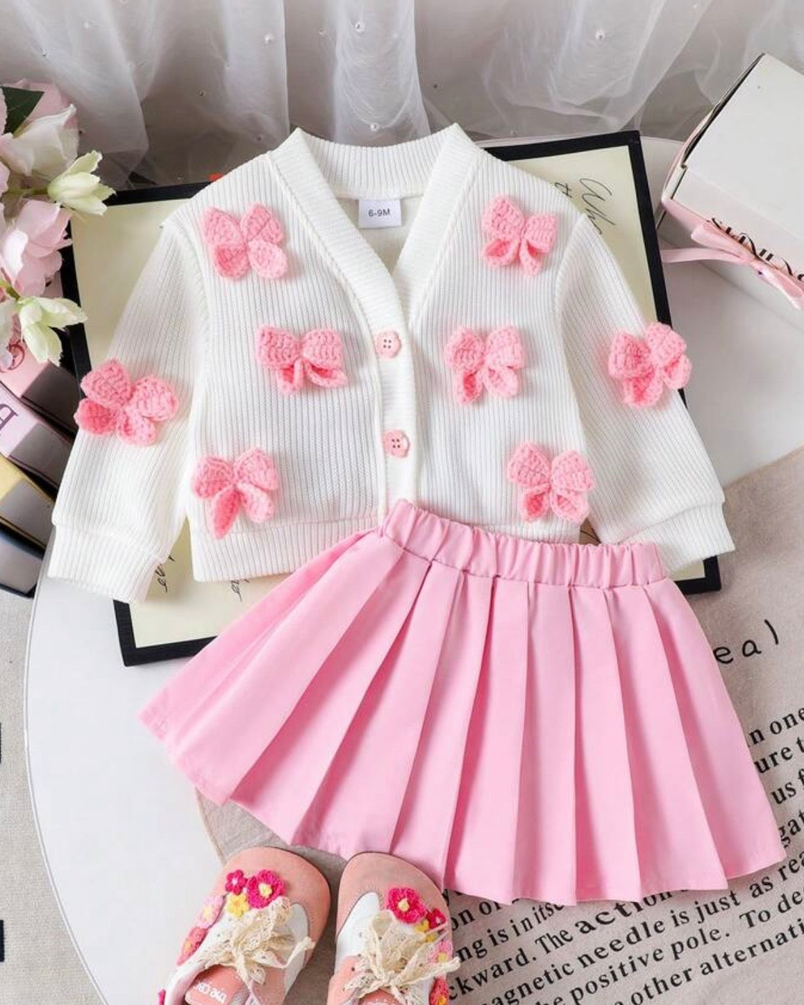2pcs Baby Girl 3D Bow White Cardigan & Pink Skirt Set