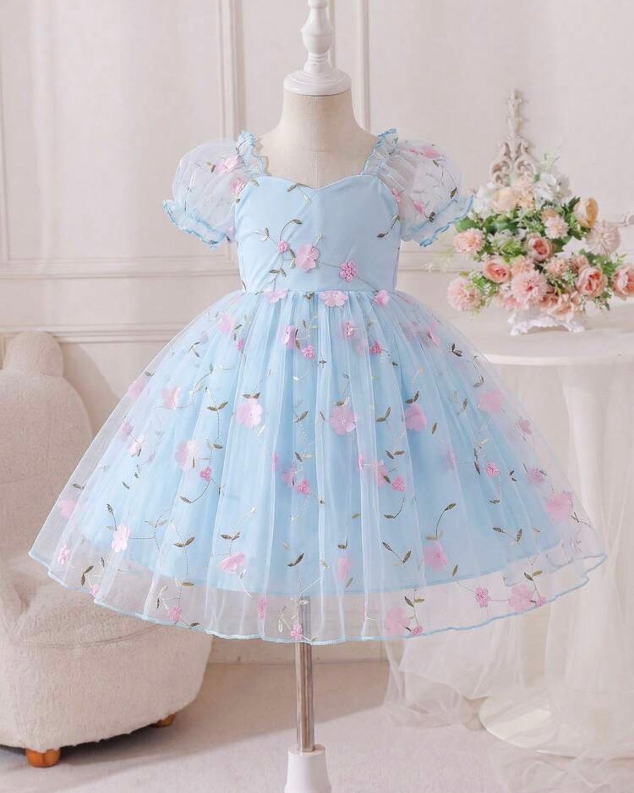 Sky Blue Puff Sleeve Formal Party Tulle Dress with Cinched Waist