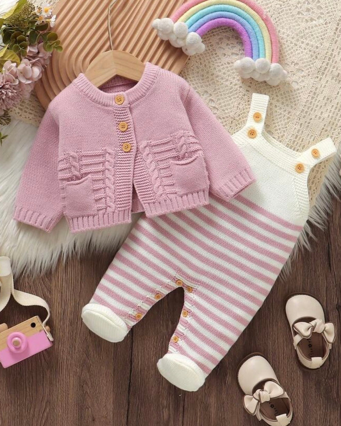 Newborn Baby Pink and White Striped Cardigan + Suspender Romper