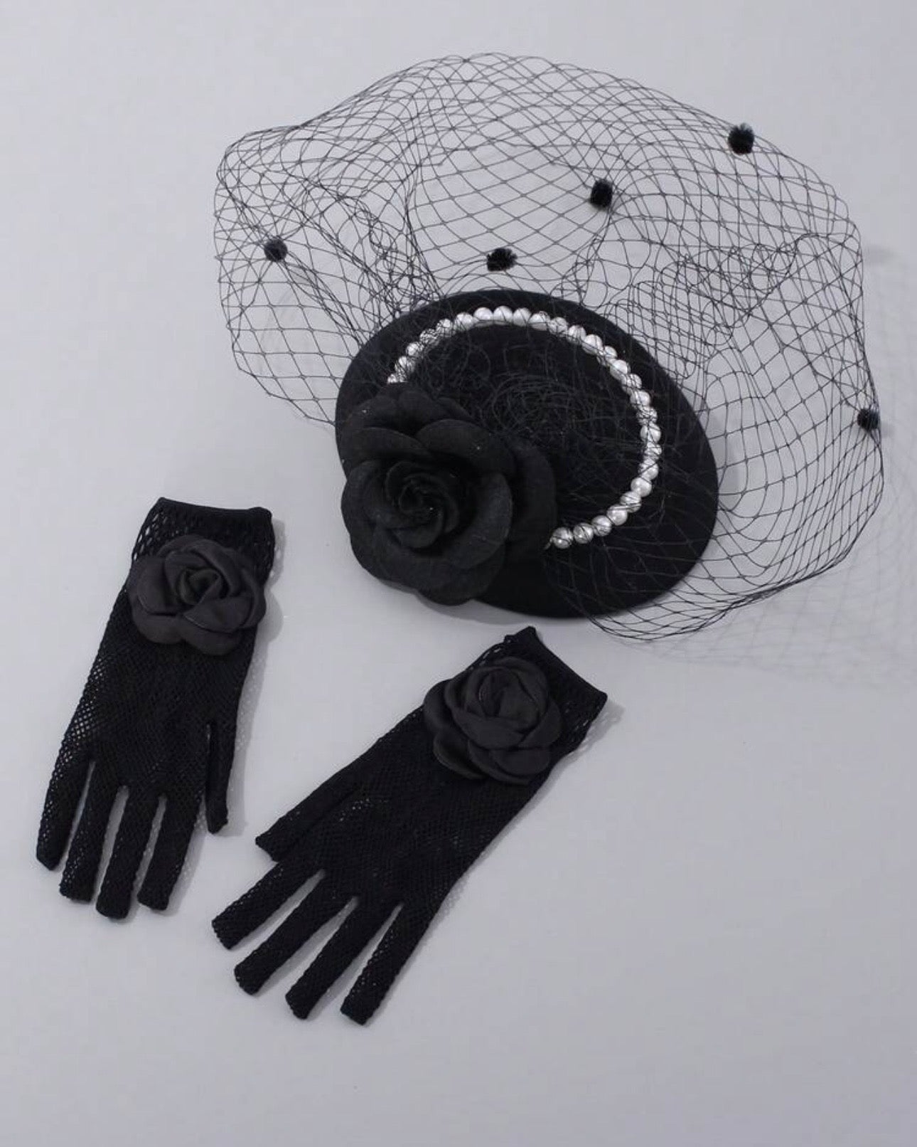 1 Set Black Children's Vintage Headpiece Hat And Mesh Gloves
