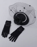 1 Set Black Children's Vintage Headpiece Hat And Mesh Gloves