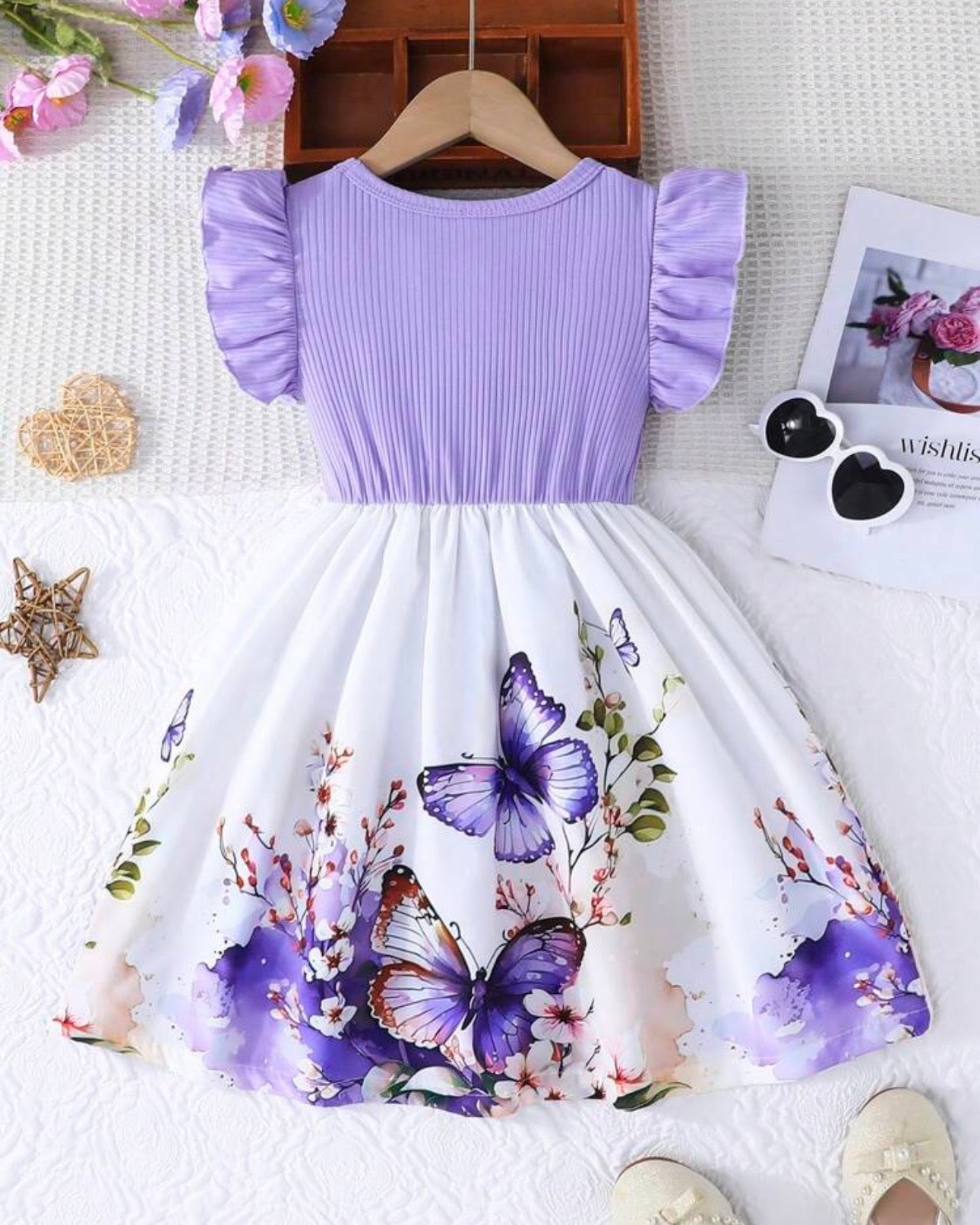 Girls’ Purple Summer Ruffled Sleeve Bow-Tie Butterfly Print Dress