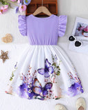 Girls’ Purple Summer Ruffled Sleeve Bow-Tie Butterfly Print Dress