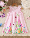 Baby Girl Pink Floral & Rabbit Print Suspender Dres
