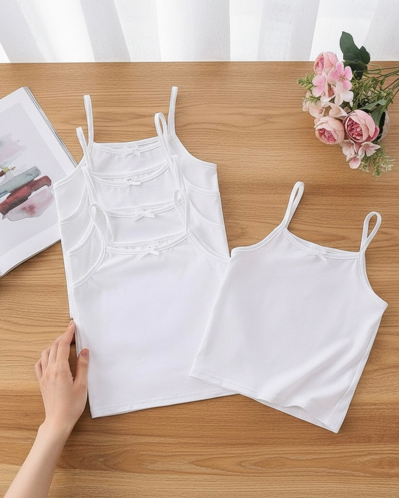 5pcs Girls White Milk Silk Camisole Set with White Bow