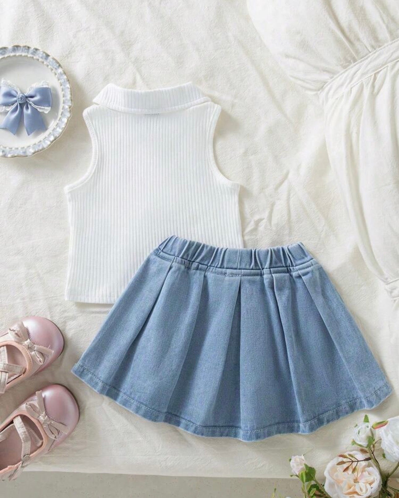 Girls’  Sleeveless Heart Print Polo Knit Top & Blue Denim Skirt