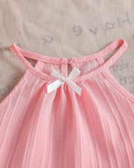 2pcs Baby Girls’ Pink colour Spaghetti Strap Camisole Top With 3D Bow Decor Straight Leg Pants Set