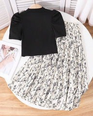 Tween Girl 2Pcs Outfit – Black & White Faux Pearl Top & Floral Ruffle Skirt Set