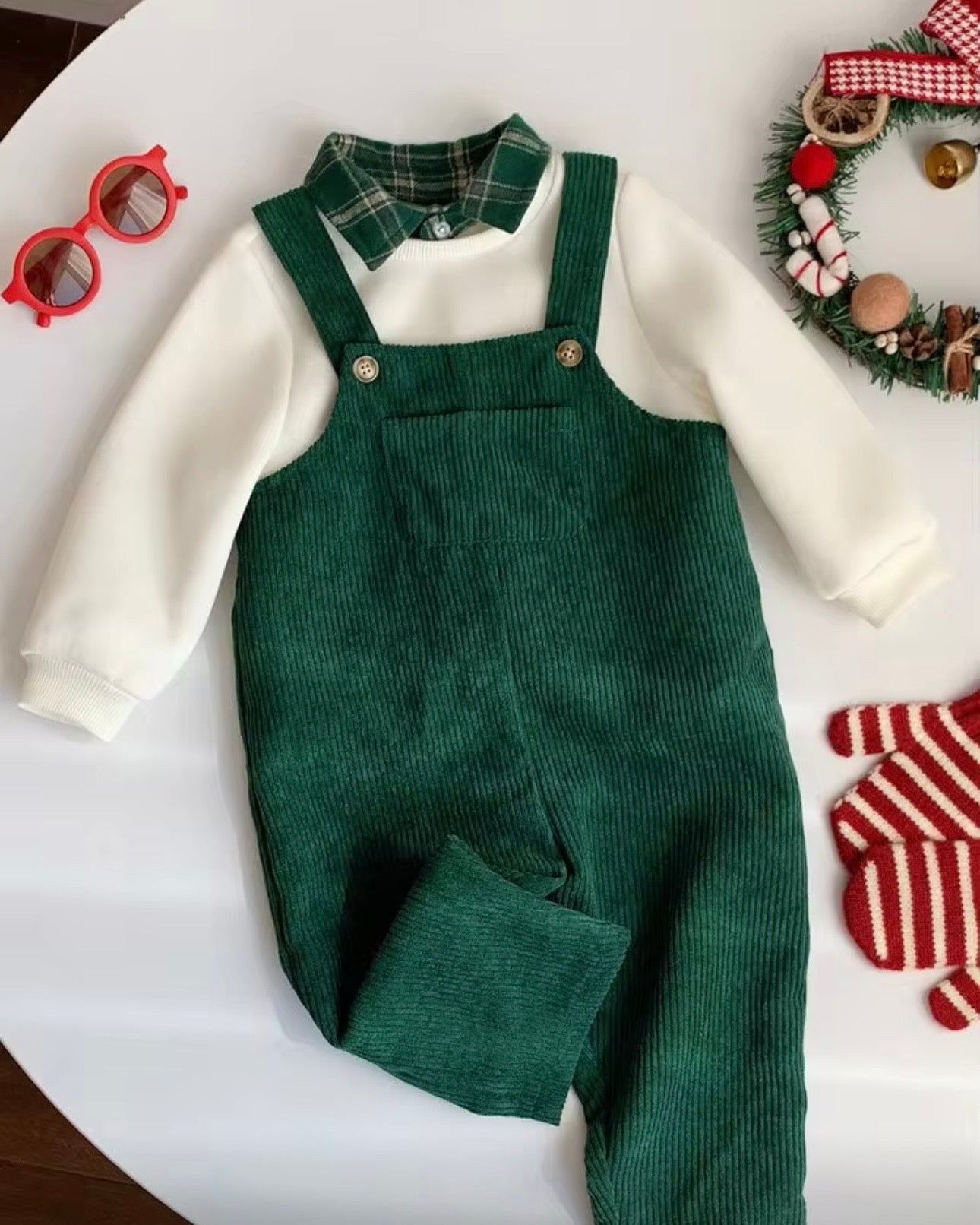 Baby Boy Mama’s Mini Knit Sweatshirt & Green Plaid Corduroy Overalls