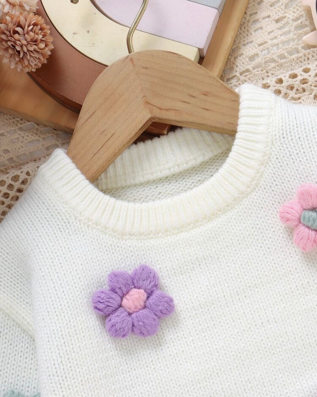Baby Girl Sweater Set 3D Colorful Floral Round Neck Knit 2 Pieces Set