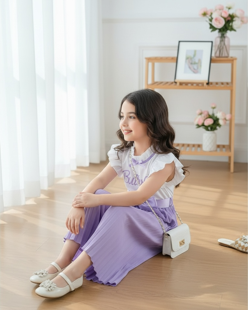 Kids Lilac Flounce Sleeve Top & Wide Leg Pants Set