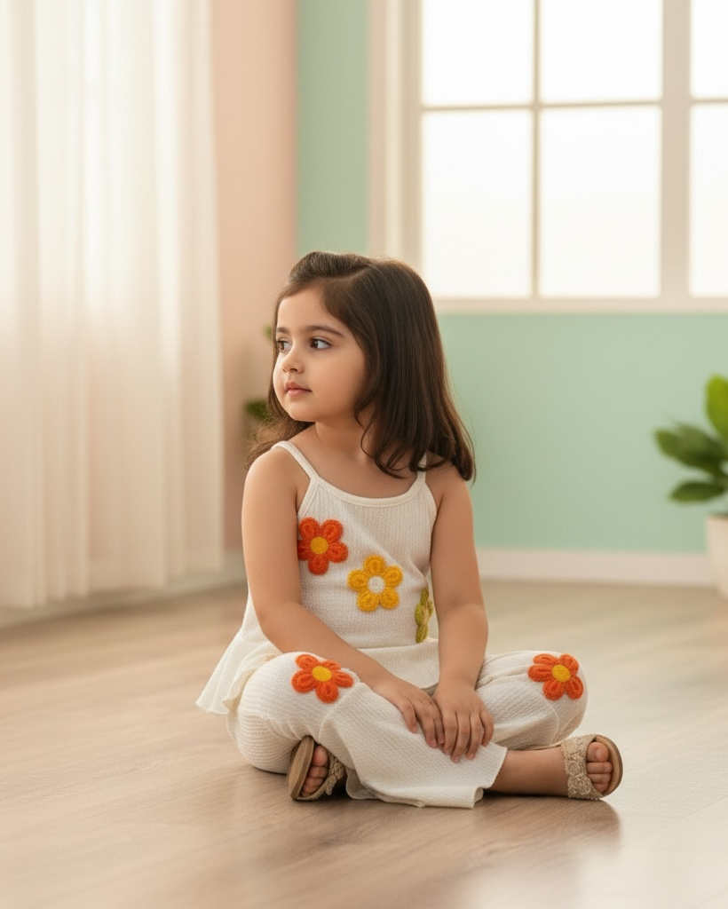Girls 3D Floral Ruffle Crop Top & Flared Pants Set