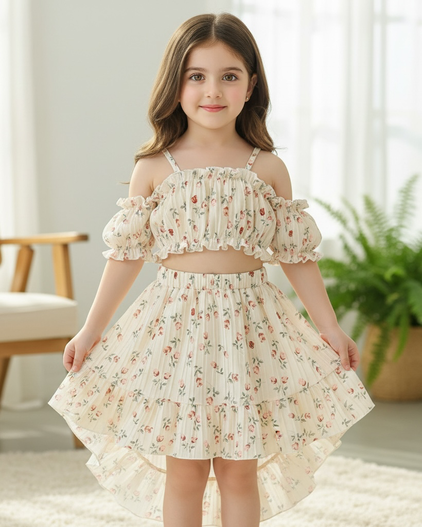 Girls’ 2pc Summer Floral Outfit Set – Camisole Top & Asymmetrical Hem Skirt