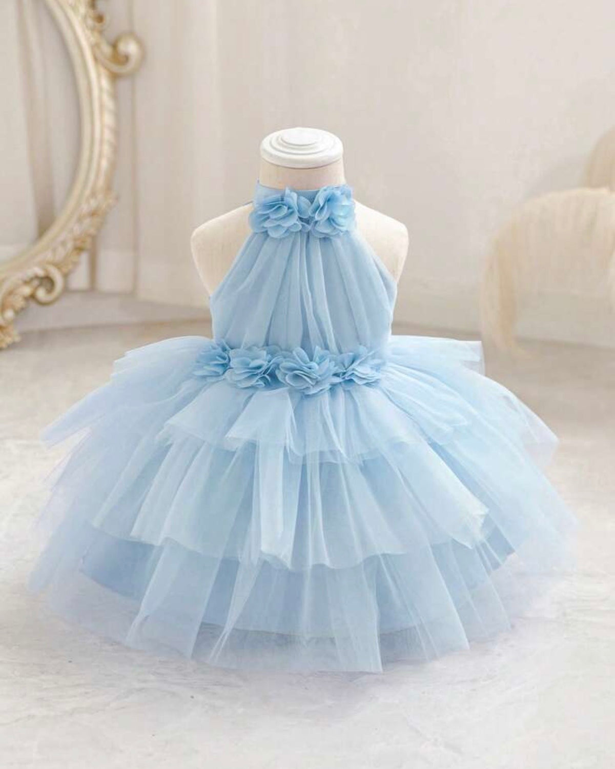 Girls Floral 3D Decor Sleeveless Tulle Ice Blue Dress