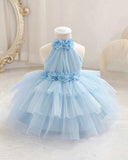 Girls Floral 3D Decor Sleeveless Tulle Ice Blue Dress