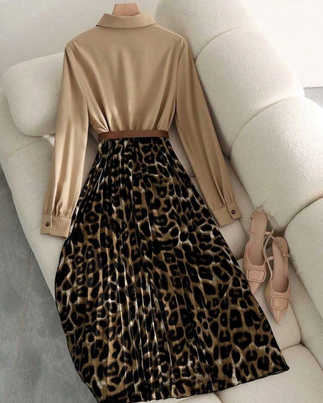 Women's Elegant Waist Cinched Slim Fit Leopard Print Pleated Flare Maxi Dress
