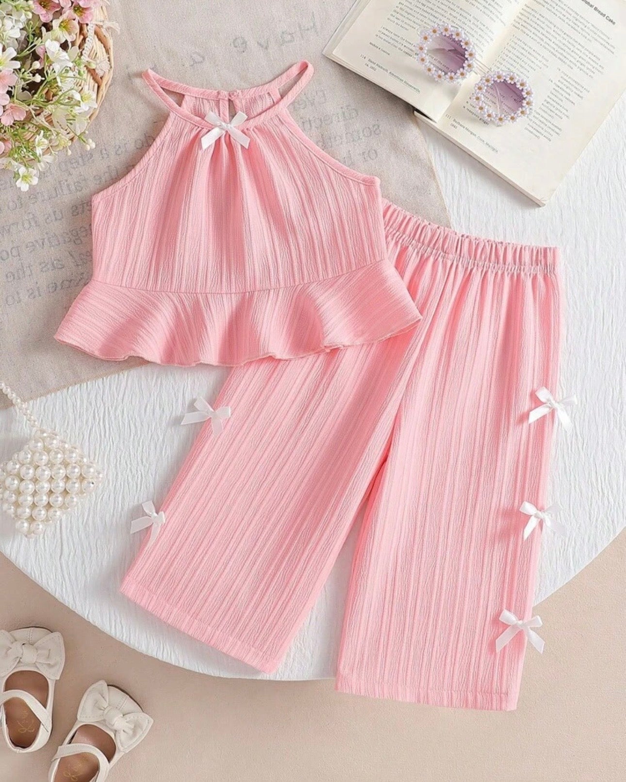 2pcs Baby Girls’ Pink colour Spaghetti Strap Camisole Top With 3D Bow Decor Straight Leg Pants Set