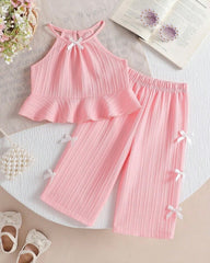 2pcs Baby Girls’ Pink colour Spaghetti Strap Camisole Top With 3D Bow Decor Straight Leg Pants Set