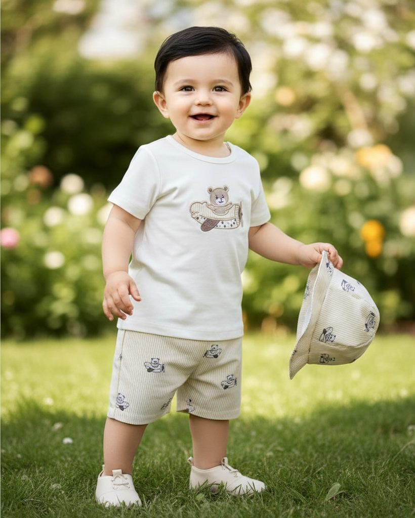 3pc Baby Boy Beige Bear Print Outfit Set – T-Shirt, Shorts & Cap (Summer)