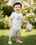 3pc Baby Boy Beige Bear Print Outfit Set – T-Shirt, Shorts & Cap (Summer)