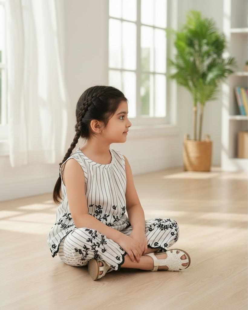Baby Girls Sleeveless Co-Ord Set – Printed Embroidered Hem Top & Wide-Leg Pants