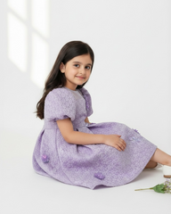 Girls Lilac Chiffon Floral Dress – Puffy Sleeve Princess Party Dress, Elastic Waist Summer Outfit for Kids