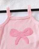 2Pcs Baby Pink Embroidered Camisole Romper & Shorts Set