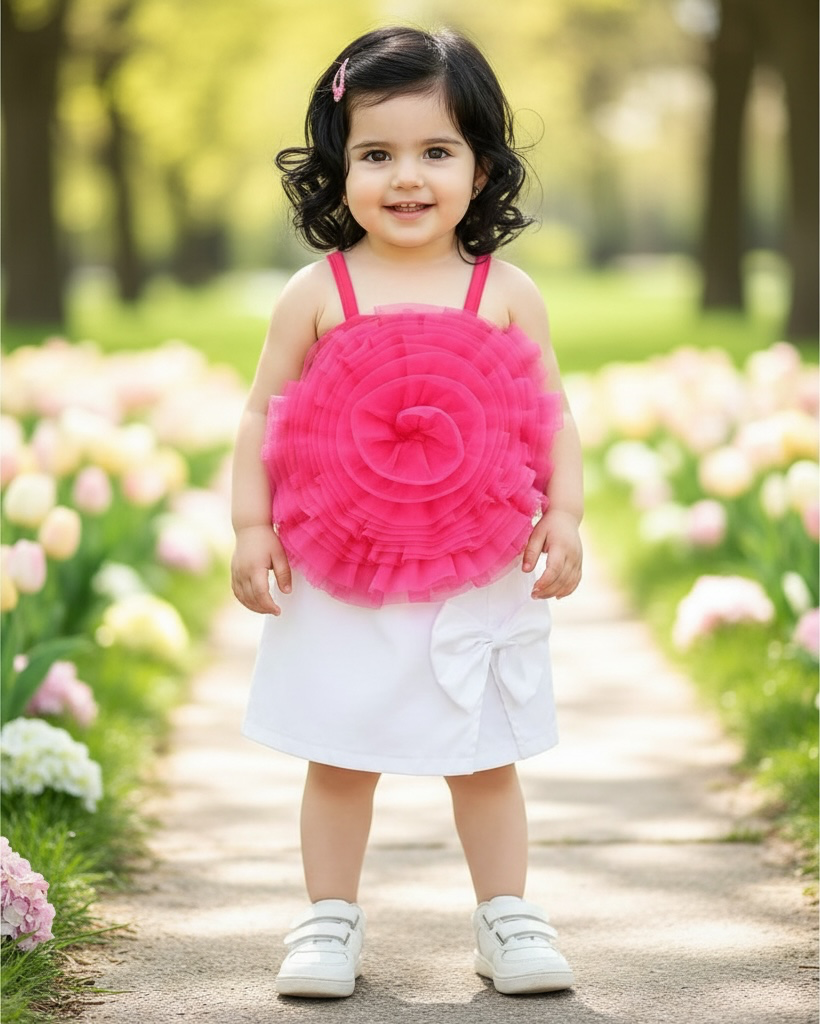 Pink Flower Top & White Bow Skirt