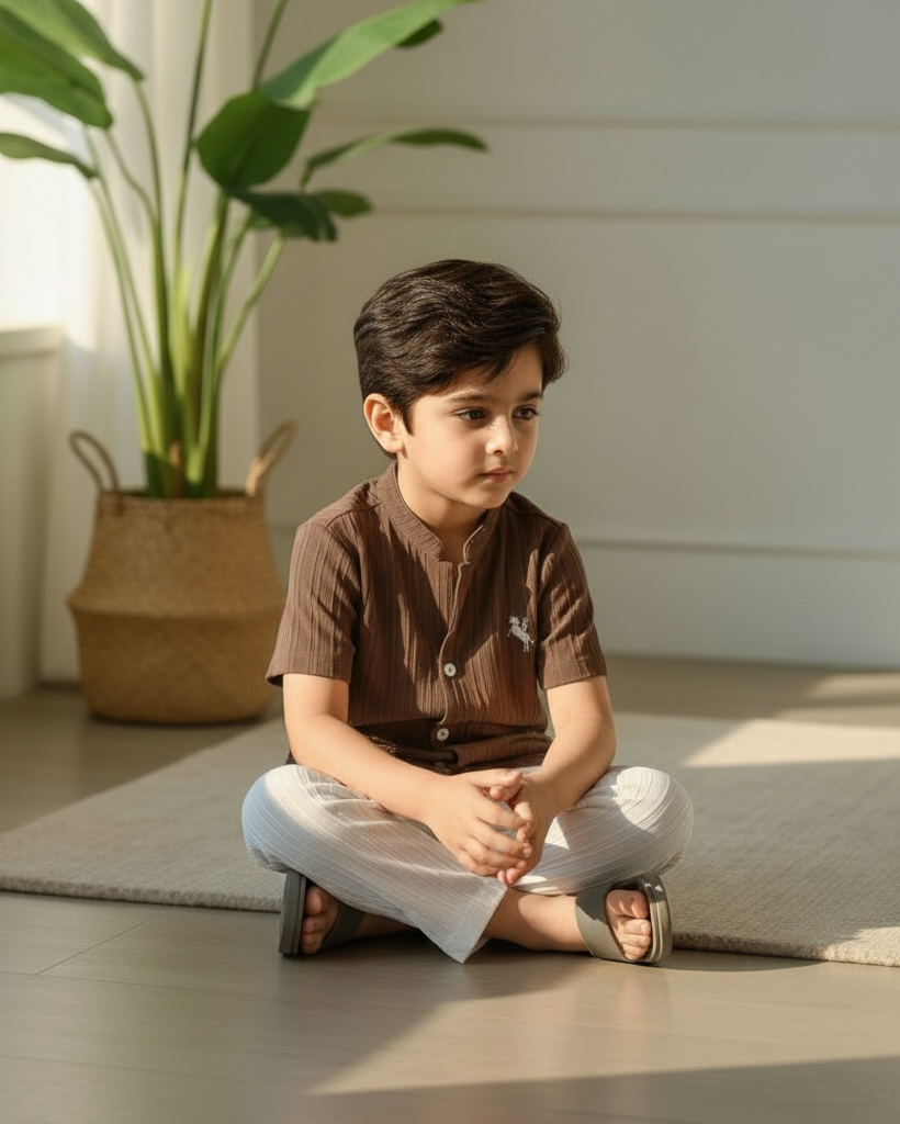 2pc Boys Brown and White Textured Shirt & Trouser Set