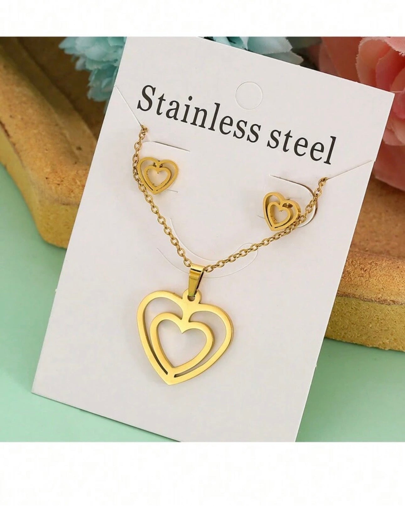 2 Sets Stainless Steel Gold-Tone Heart & Stars Necklace Chain & Earrings Set