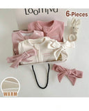 6pc Newborn Baby Girl Letter Print Soft Knit Romper + Headband Set