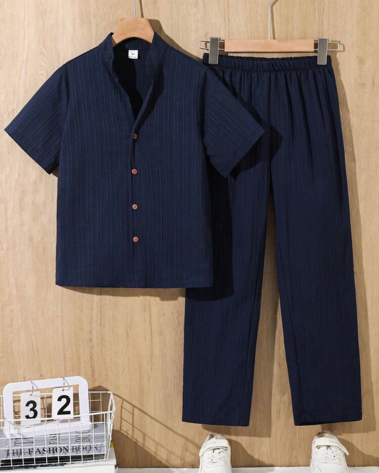 Tween Boys Navy Blue Textured Shirt & Trouser Set