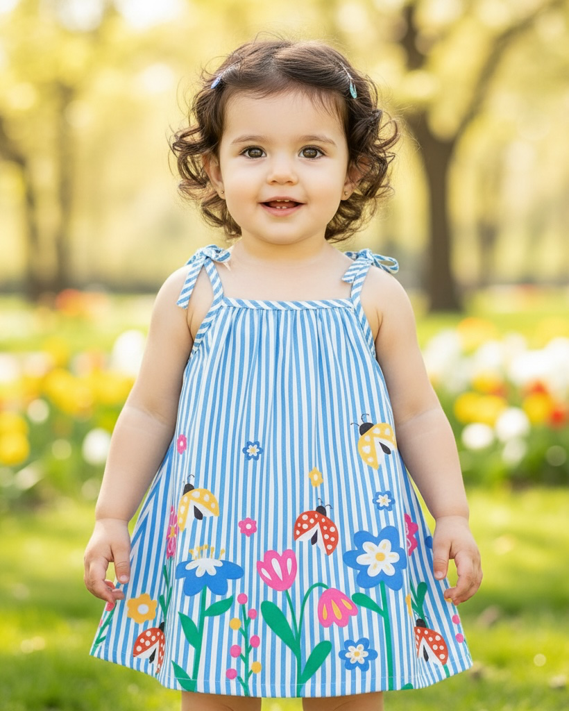 Baby Girl Blue Floral Suspender Dress with Bow – Summer Elegant Outfit