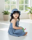 2pc Denim Style Dress with Large Bow & Hat
