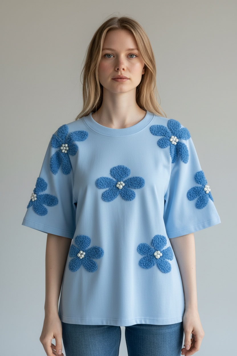 Women's Round Neck Digital Printed Flower Studded T-Shirt