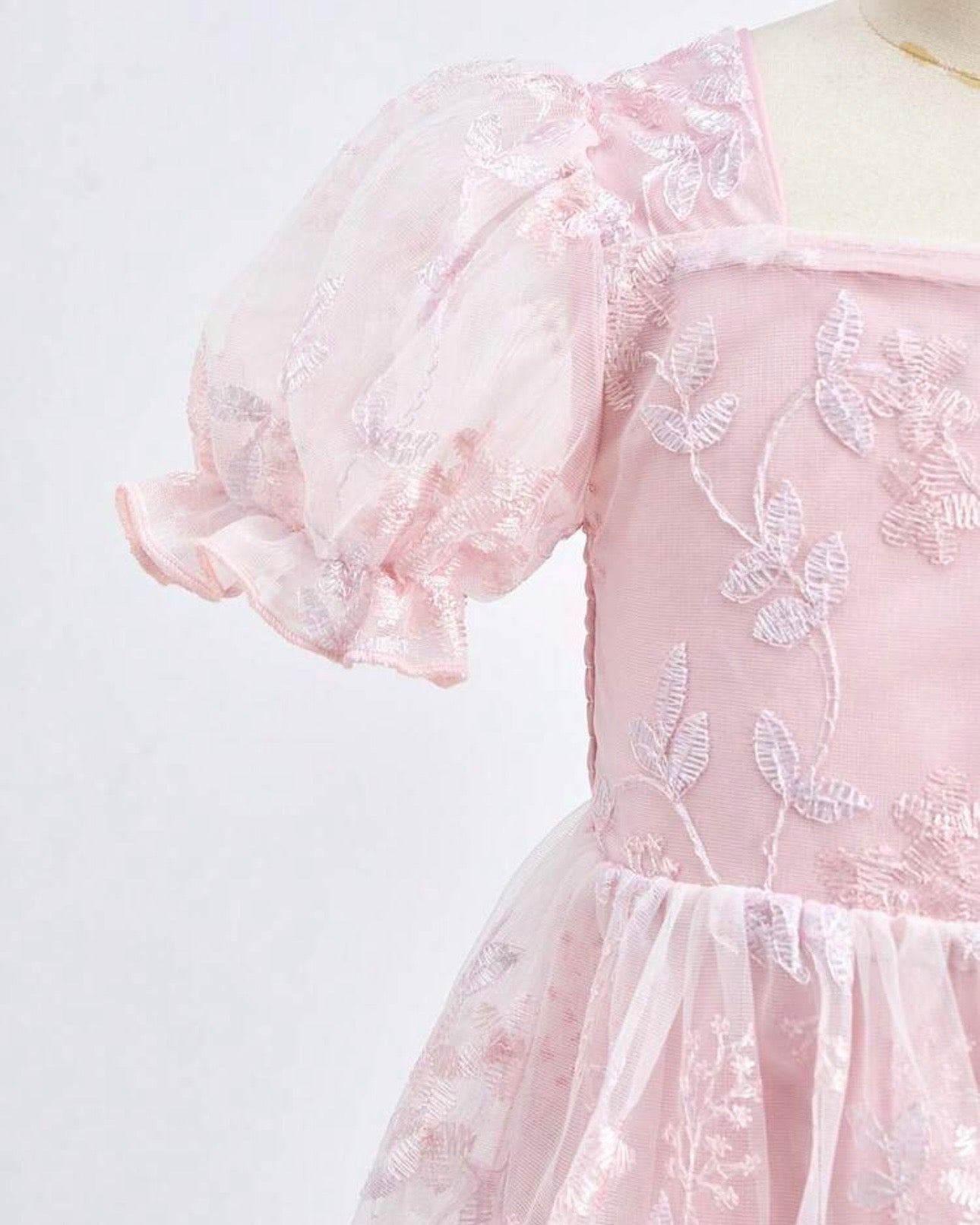 Baby Pink Embroidered Puff Sleeve Tulle Dress for Girls
